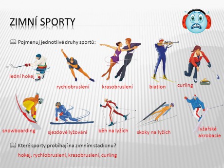 Zimní+sporty++Pojmenuj+jednotlivé+druhy+sportů ++Které+sporty+probíhají+na+zimním+stadionu+lední+hokej.